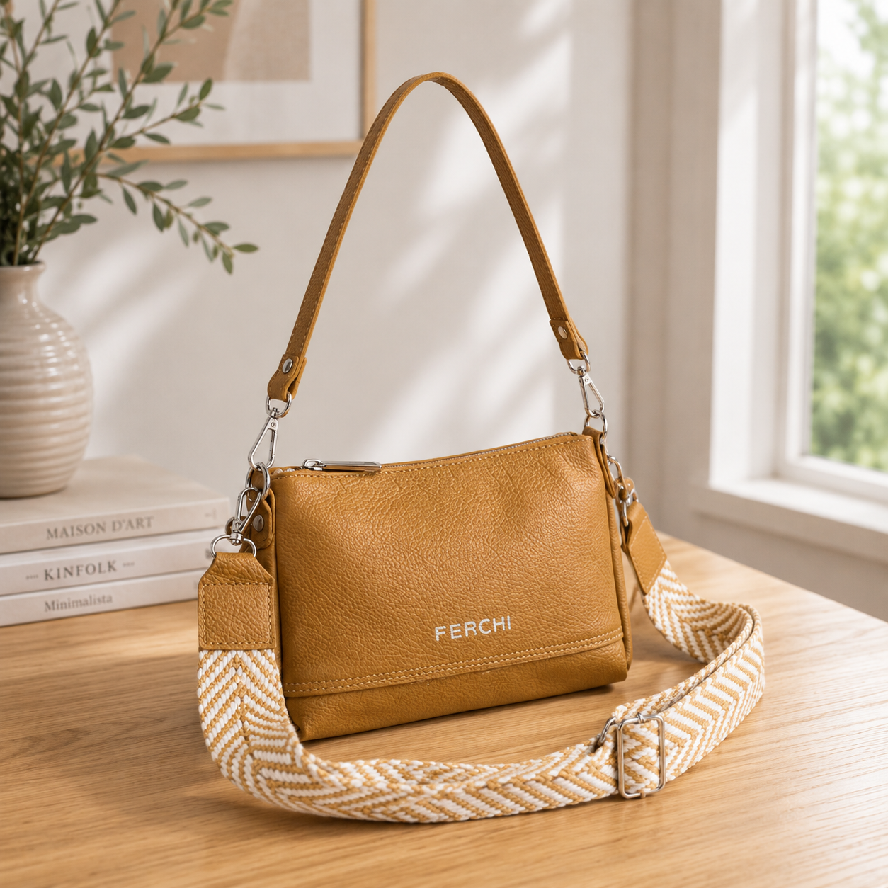 Bolso de mano de piel color mostaza