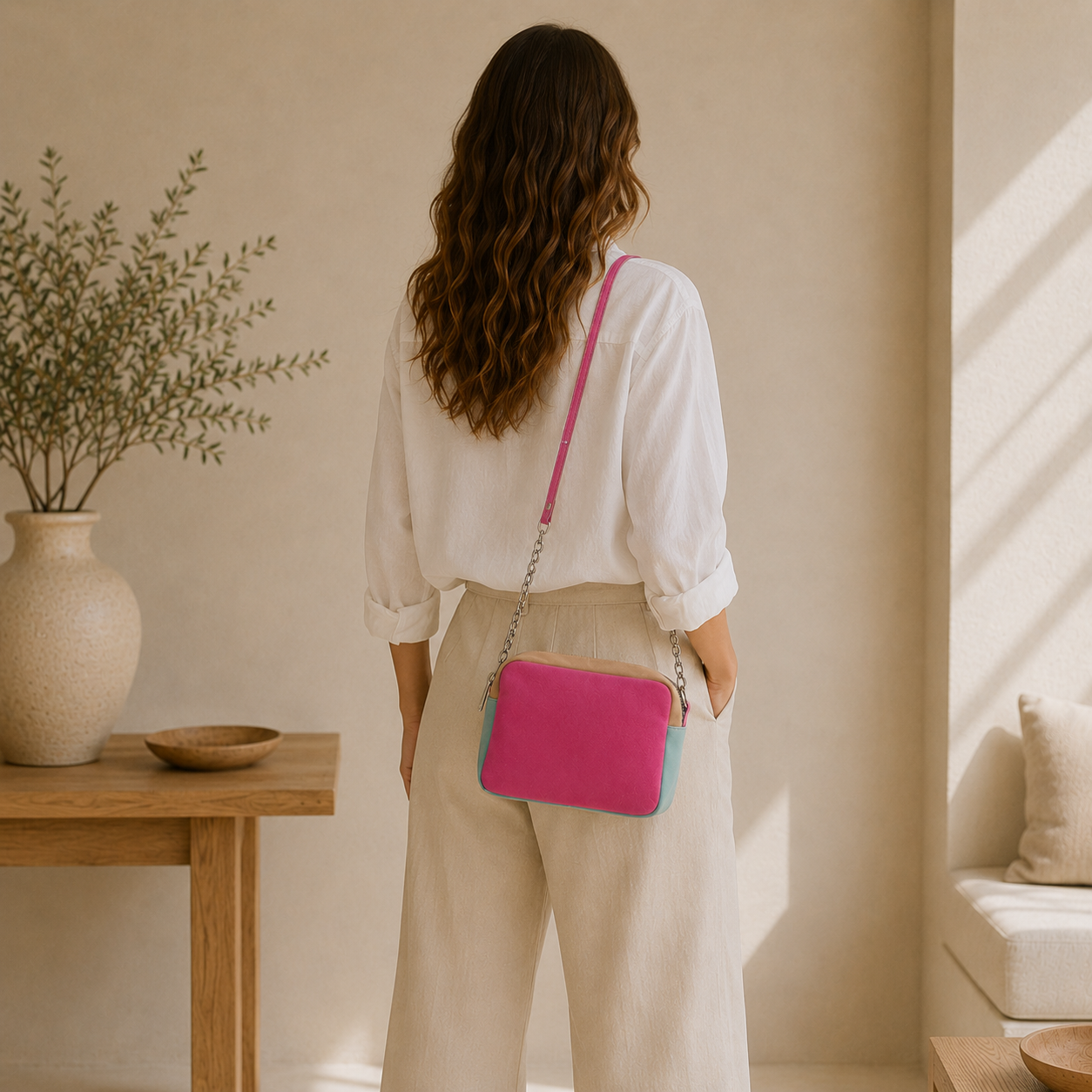 Bolso de piel rosa fucsia