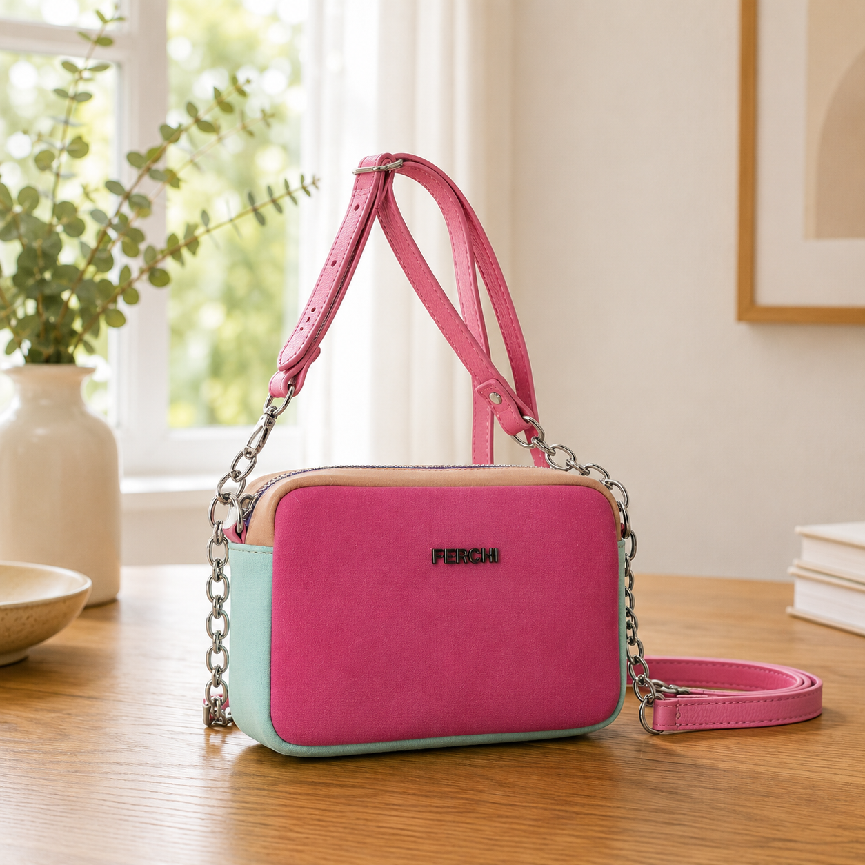 Bolso pequeño de piel rosa fucsia
