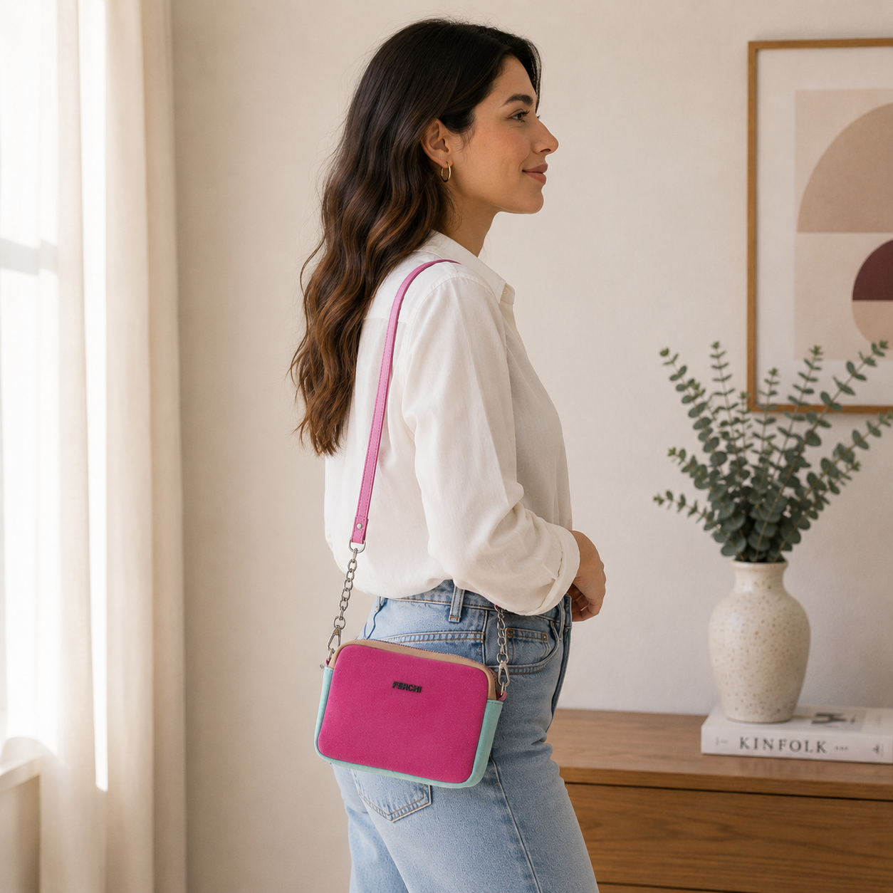Bolso pequeño de piel rosa fucsia