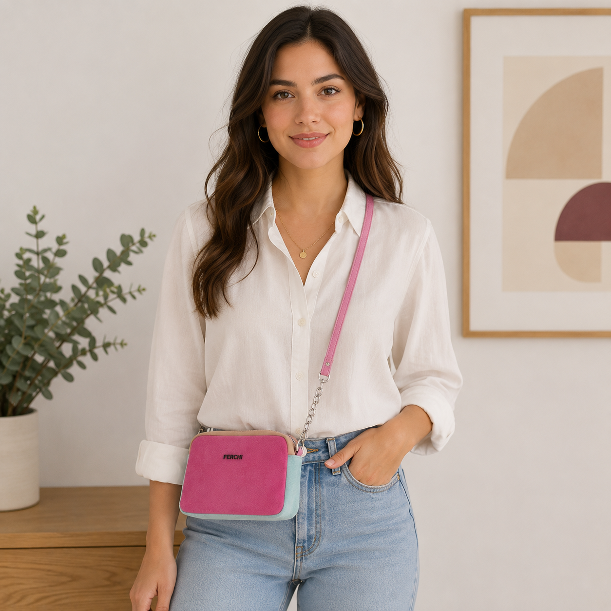 Bolso pequeño de piel rosa fucsia