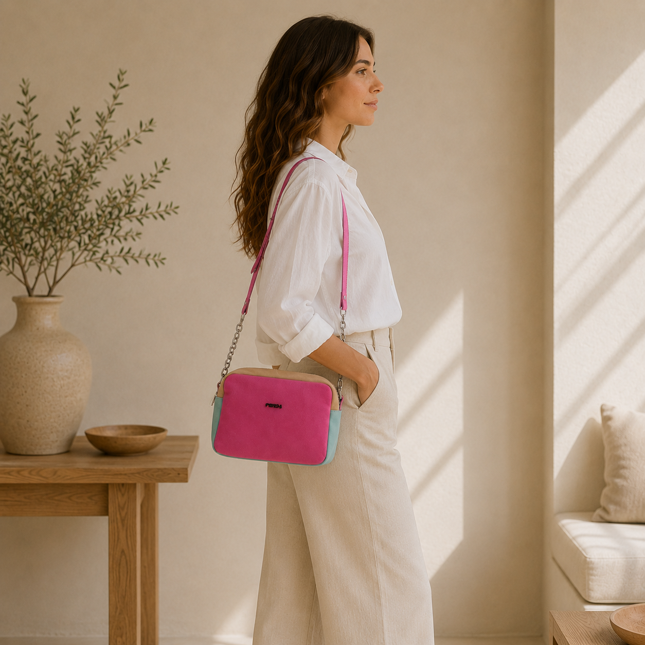 Bolso de piel rosa fucsia