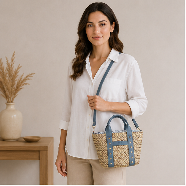 Bolso de mano azul con tachuelas