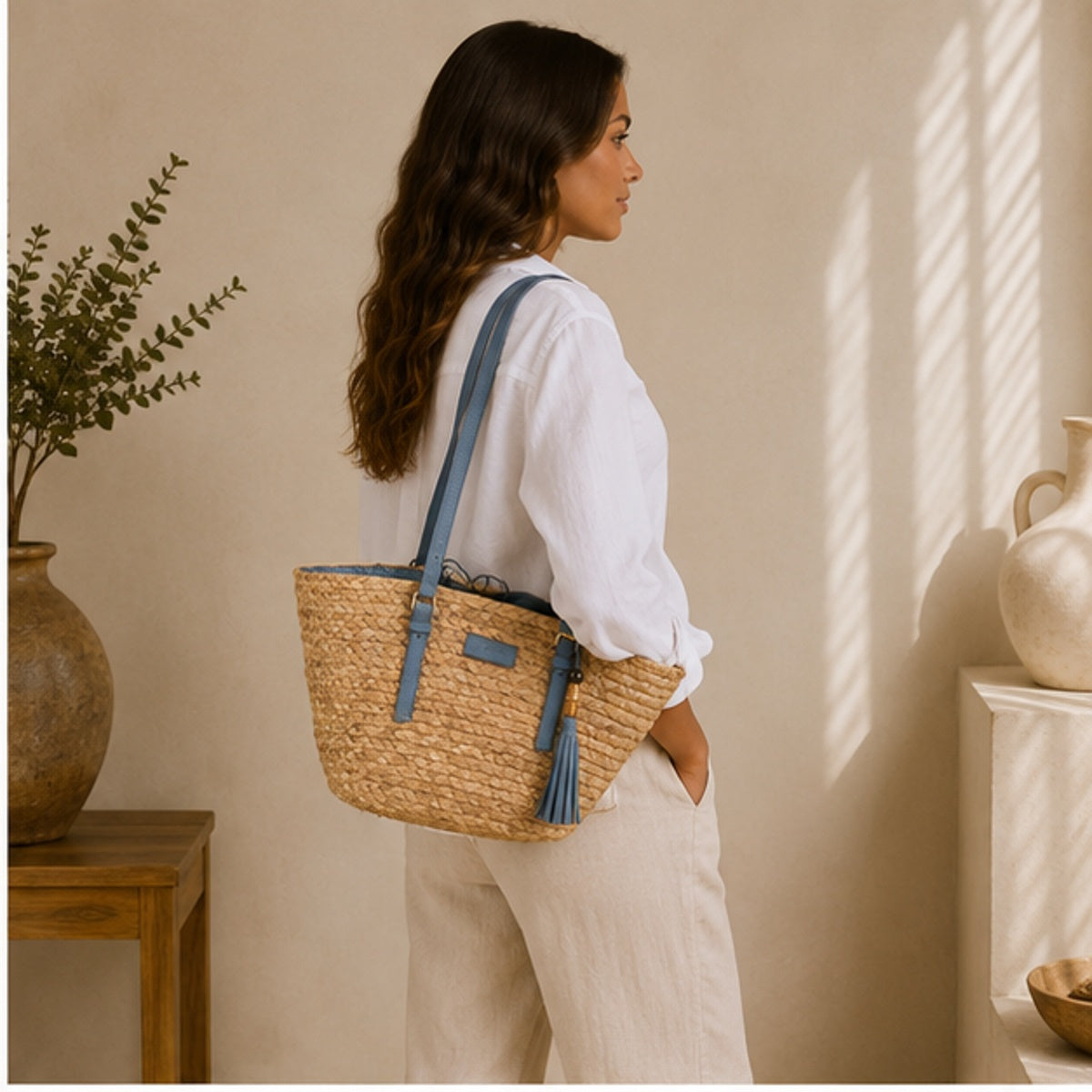 bolso de mano tejido azul