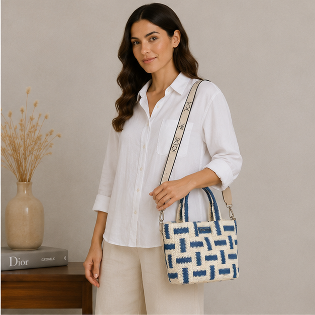 Bolso de hombro azul y natural