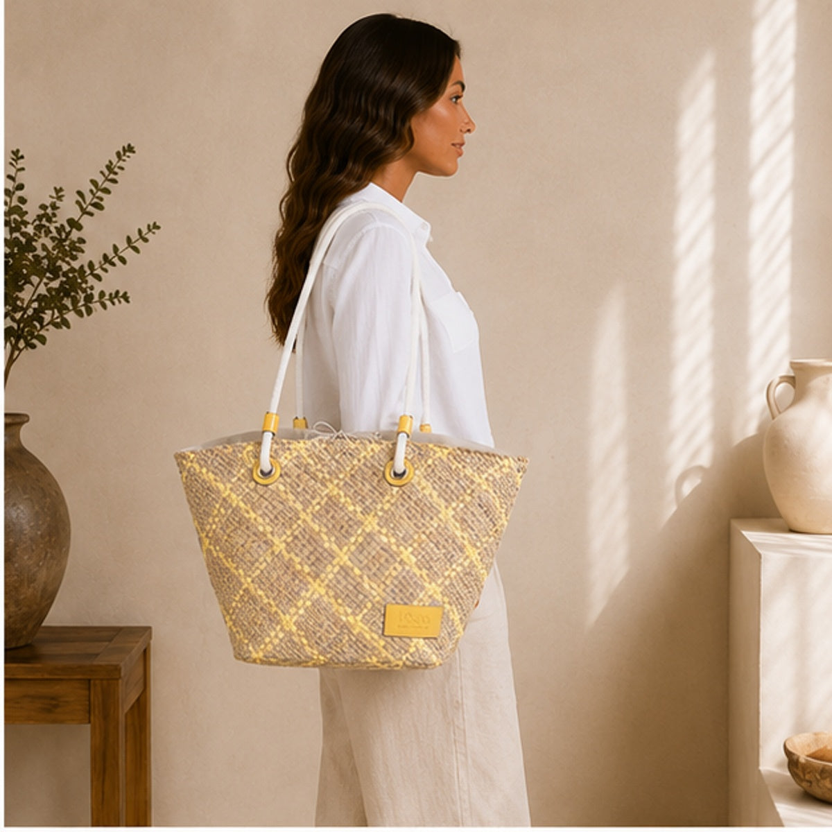 Bolso tote tejido amarillo