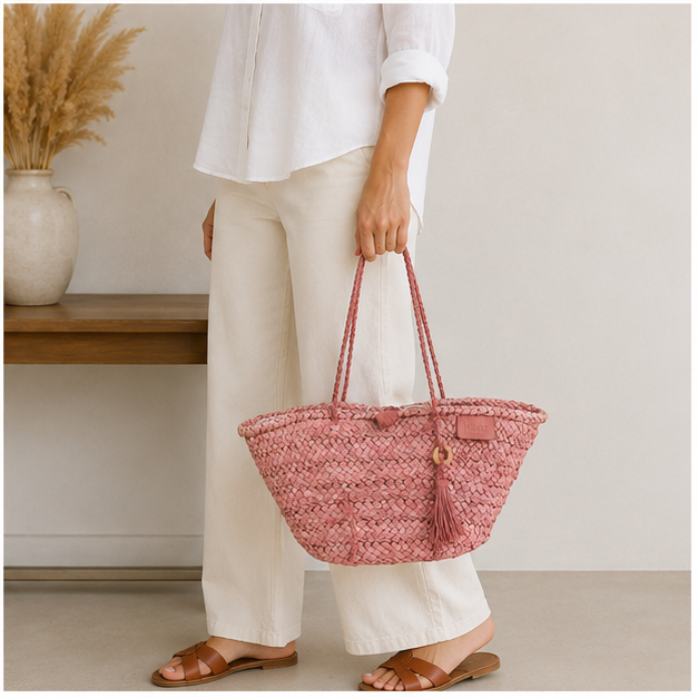 bolso de mimbre rosa