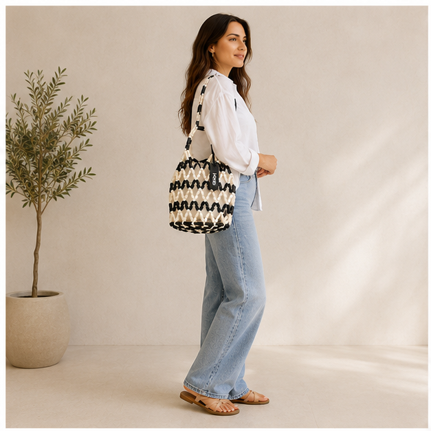 Bolsa de malla de madera bicolor