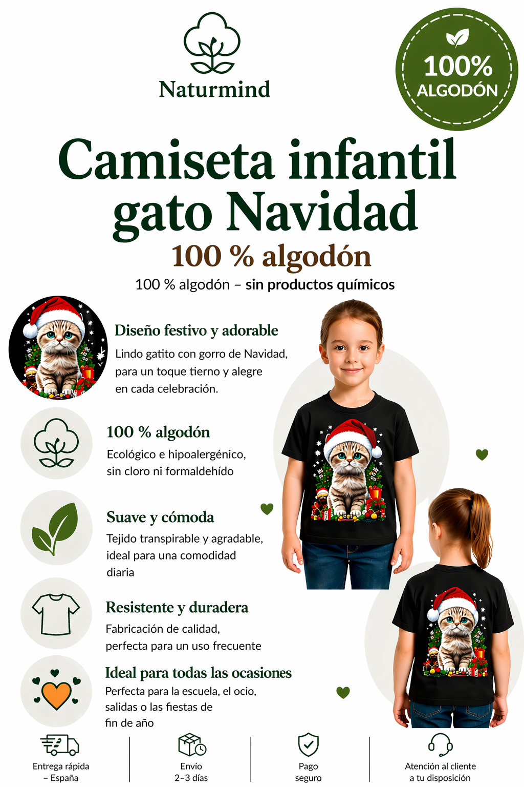 Camiseta infantil de gato navideño