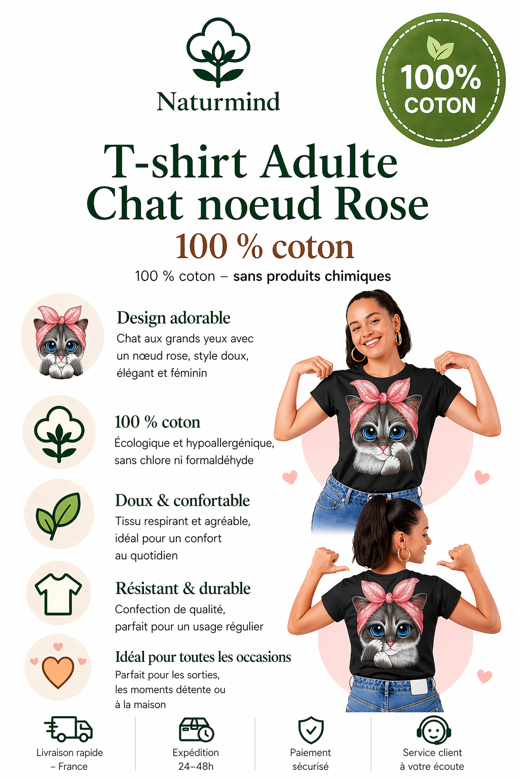 Camiseta de adulto con lazo de gato rosa