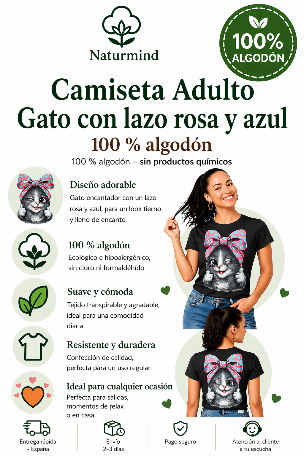 Camiseta de gato adulto con lazo rosa y azul