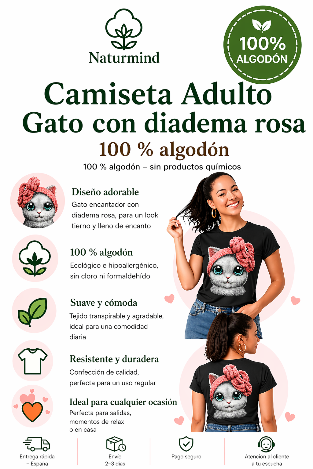 Camiseta de gato adulto con diadema rosa 