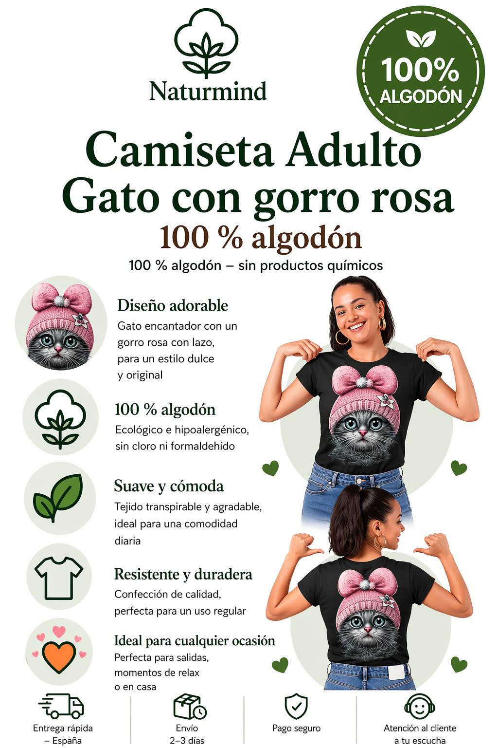 Camiseta de gato adulto con gorro rosa 