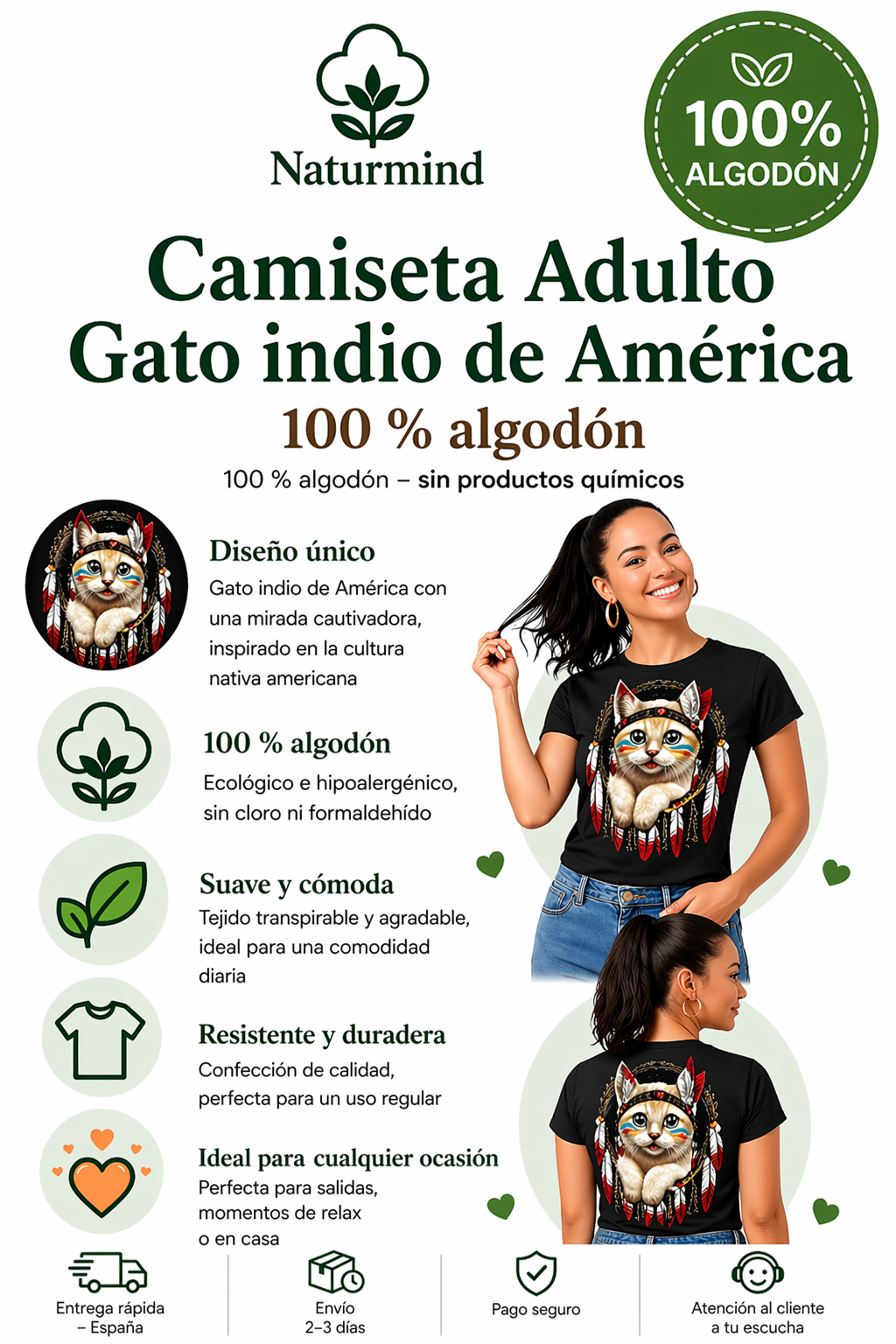 Camiseta para adultos con gato indio americano