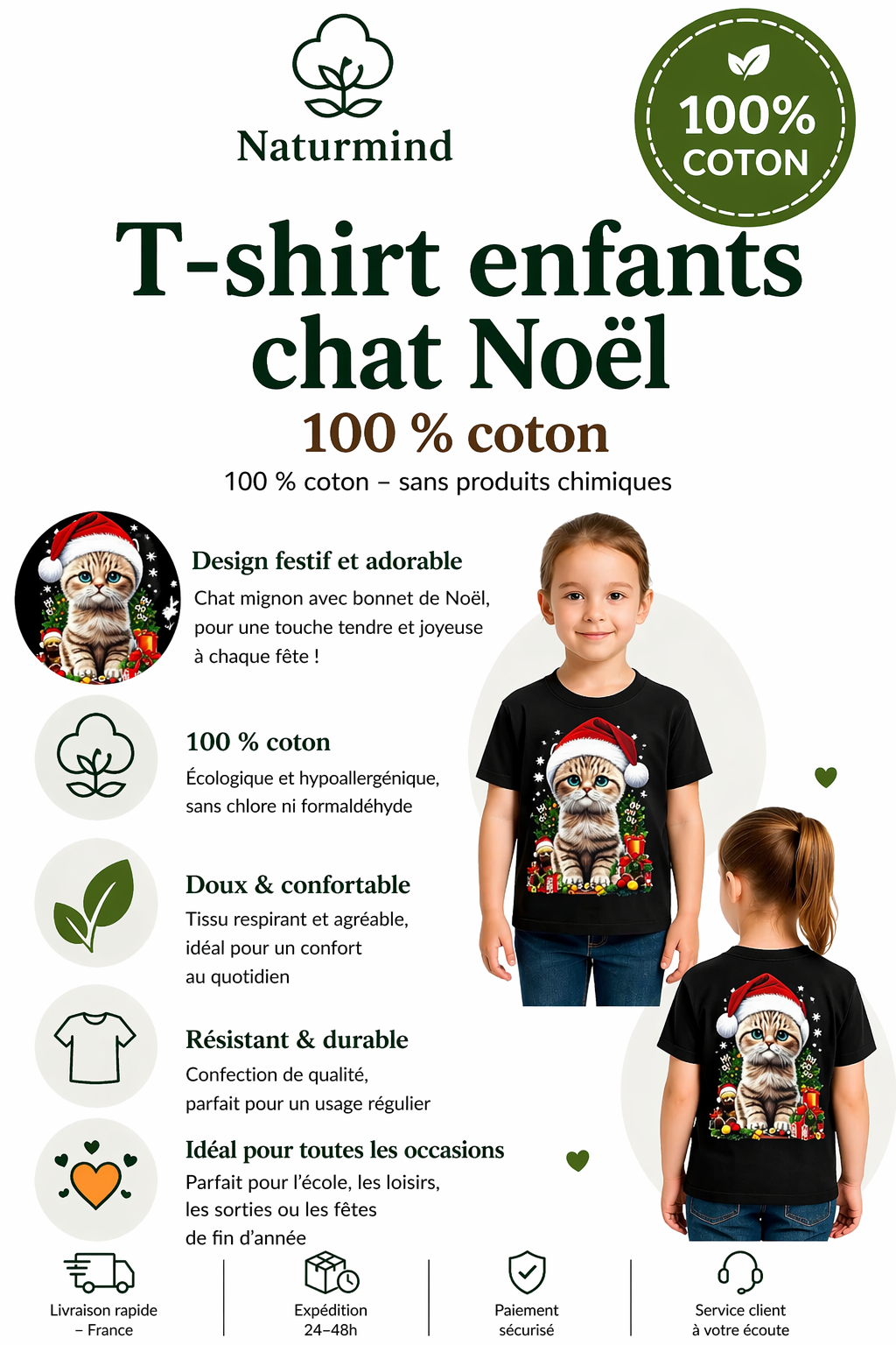 Camiseta infantil de gato navideño