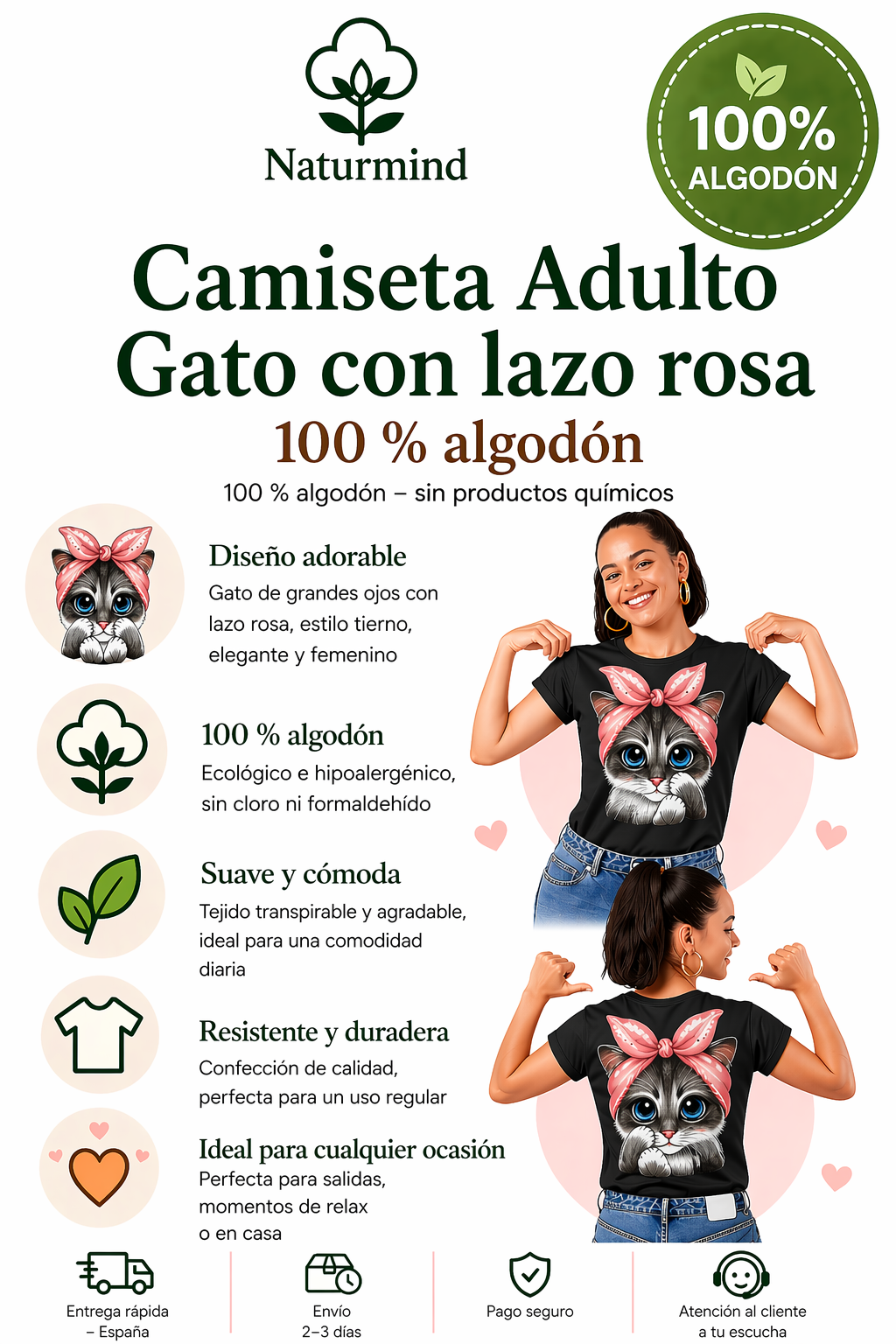 Camiseta de adulto con lazo de gato rosa
