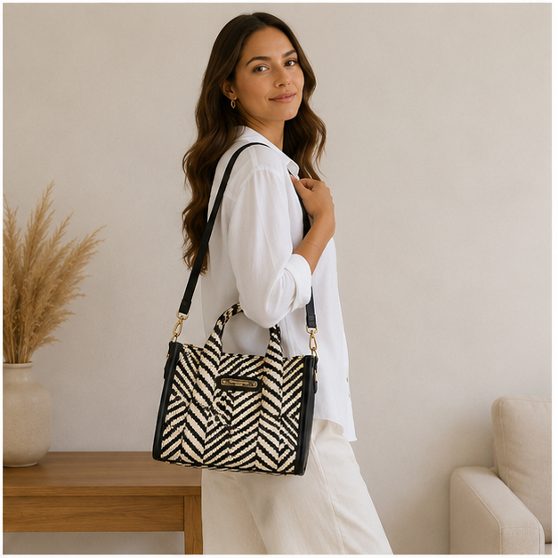Bolso de mimbre con rayas de cebra
