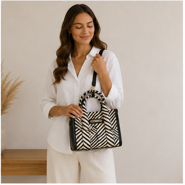 Bolso de mimbre con rayas de cebra