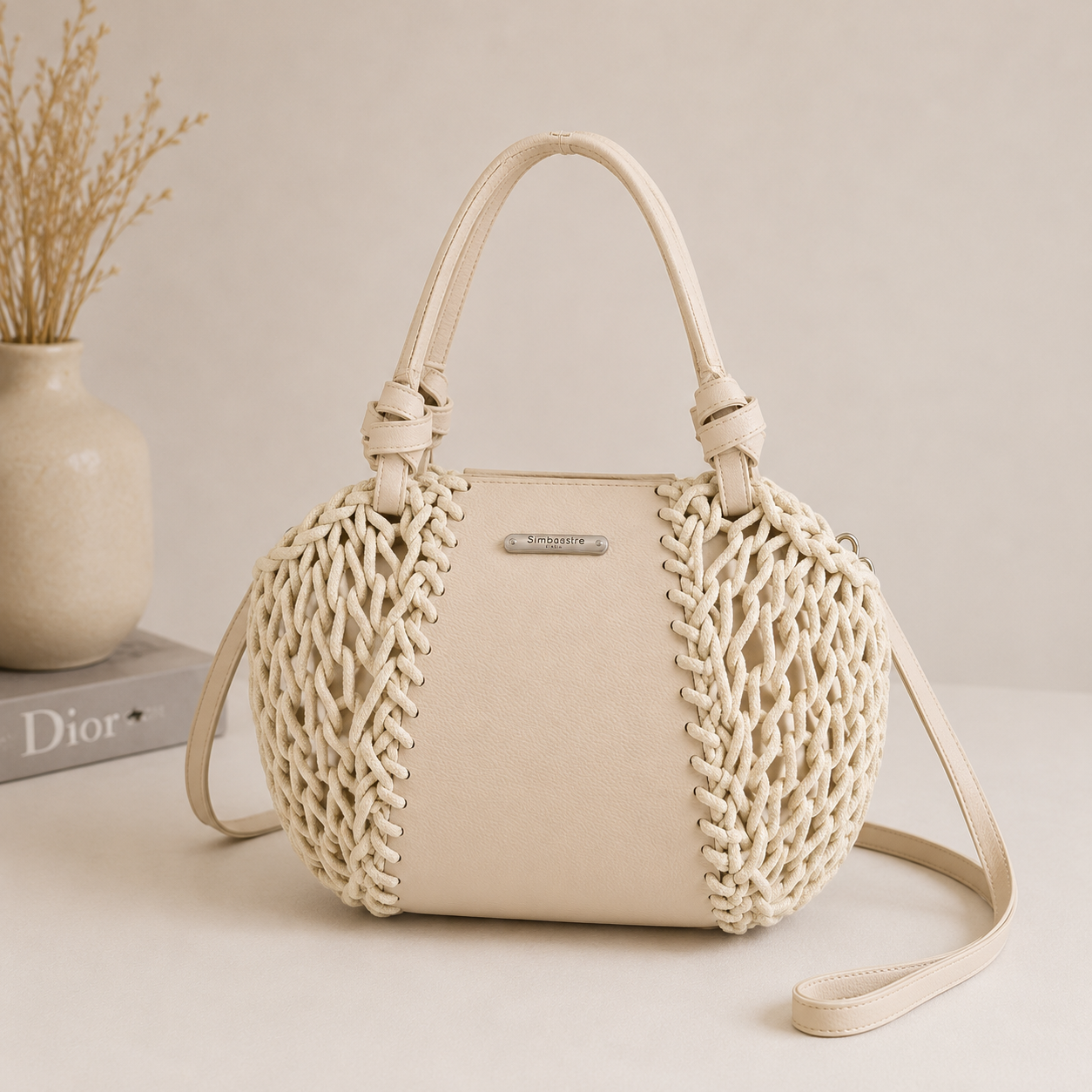 Bolso de mano de cuerda beige