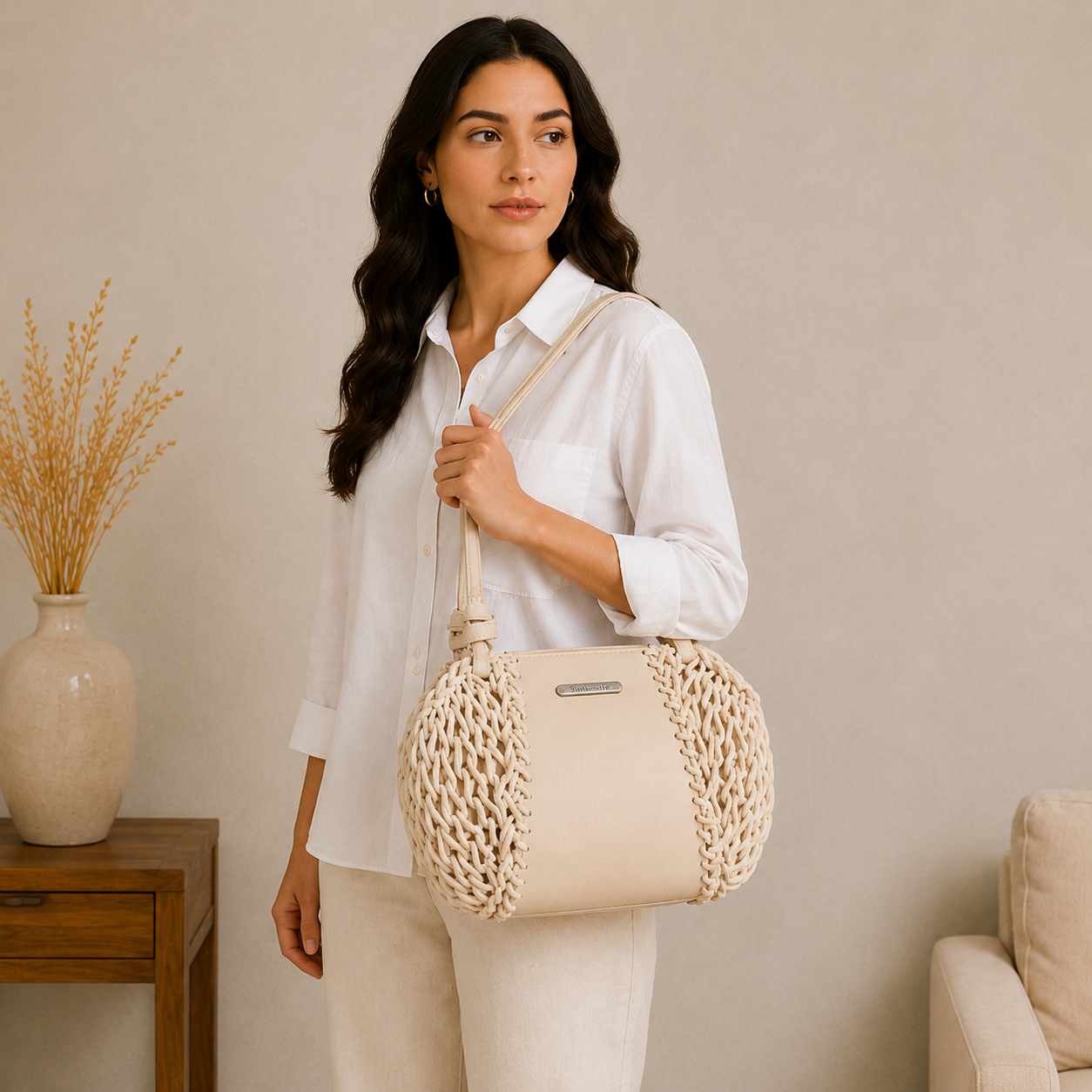 Bolso de mano de cuerda beige