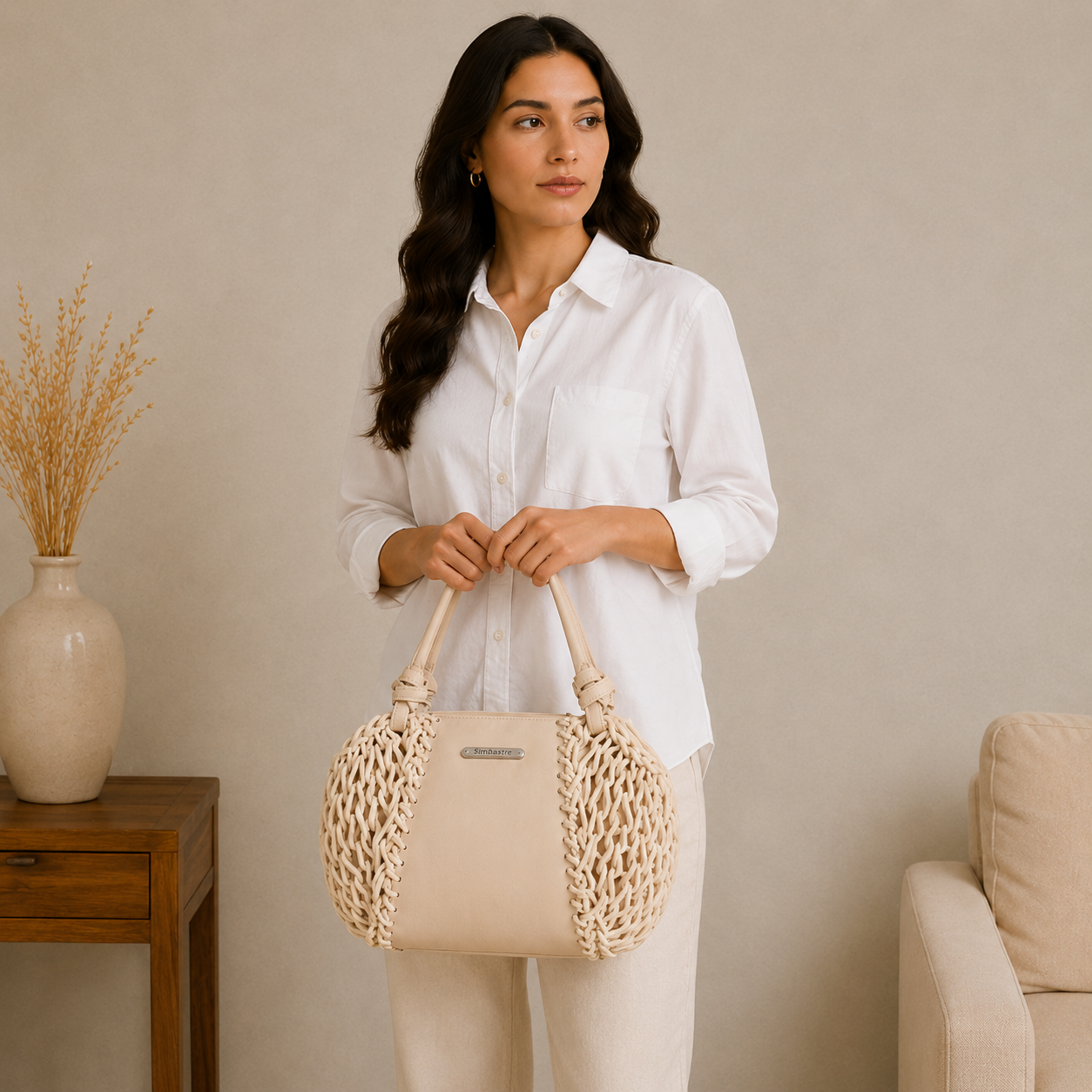 Bolso de mano de cuerda beige
