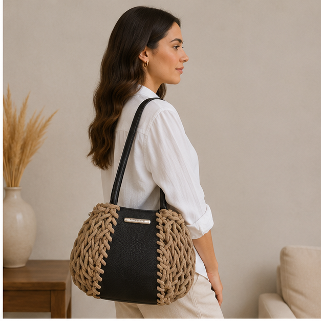 Bolso de cuerda natural y negro