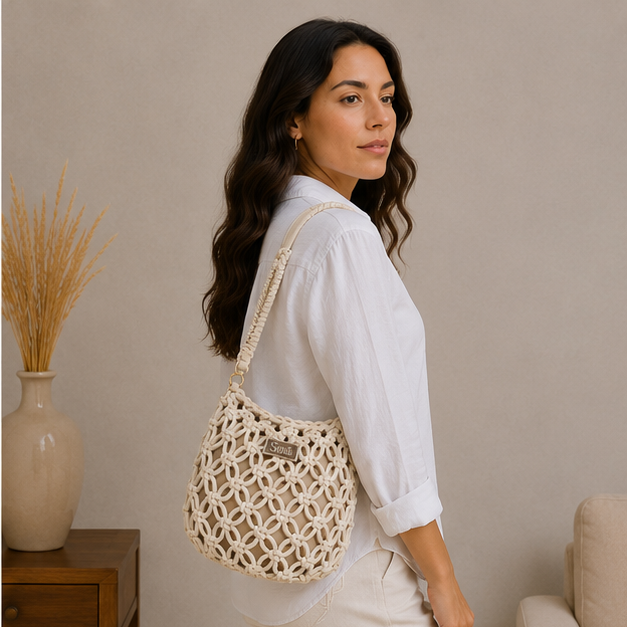 Bolso alargado con cordón color beige