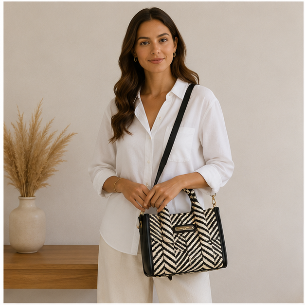 Bolso de mimbre con rayas de cebra