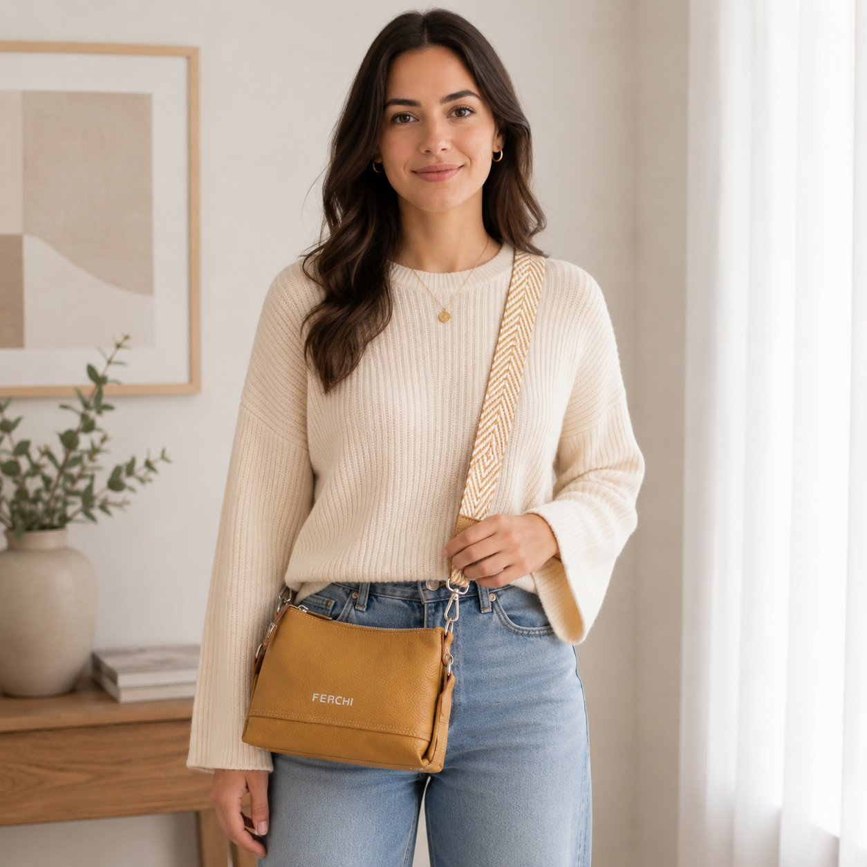 Bolso de mano de piel color mostaza